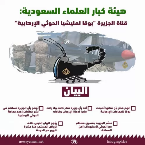 انفوجرافيك.. هيئة كبار العلماء السعودية: قناة الجزيرة "بوق لمليشيا الحوثي الإرهابية"